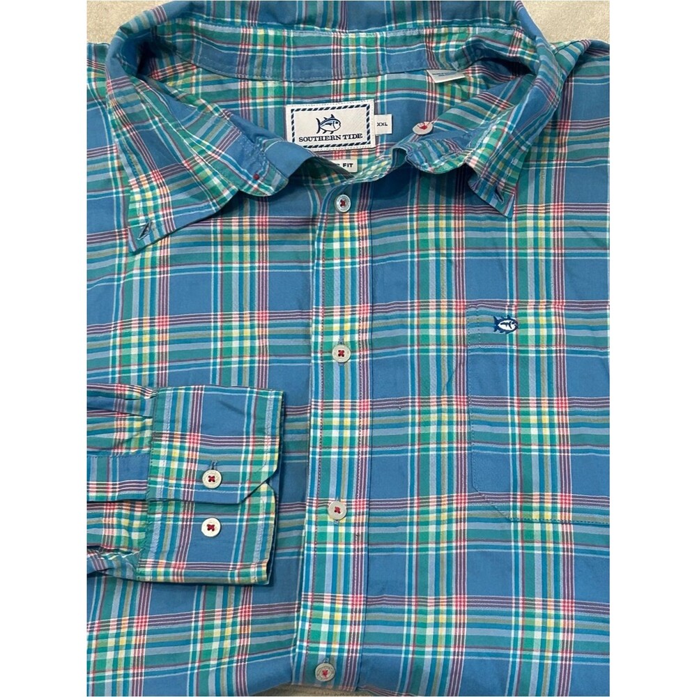 Southern Tide Beaufain Plaid Sport Shirt XXL Blue Green Classic Fit Cotton